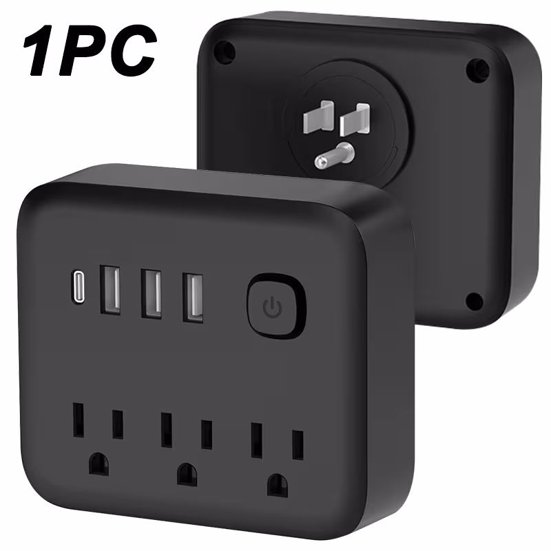 Heavy-Duty Surge Protector Power Strip with 180° Rotating Plug, 3 Outlets & 4-Port USB (3xUSB-C) - Wide-Voltage AC 100-250V, Switch-Controlled Outlet Extender for home, Office, for travel - Compatible with Plug only