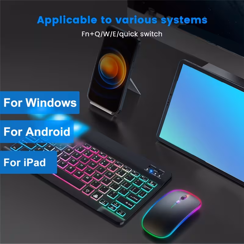 Ultra-Thin Backlit Wireless Keyboard & Mouse Combo Portable Optical Tracking, Rechargeable Li-Polymer Battery, Type-C Charging, Tablet-Compatible, English QWERTY Layout Sold by